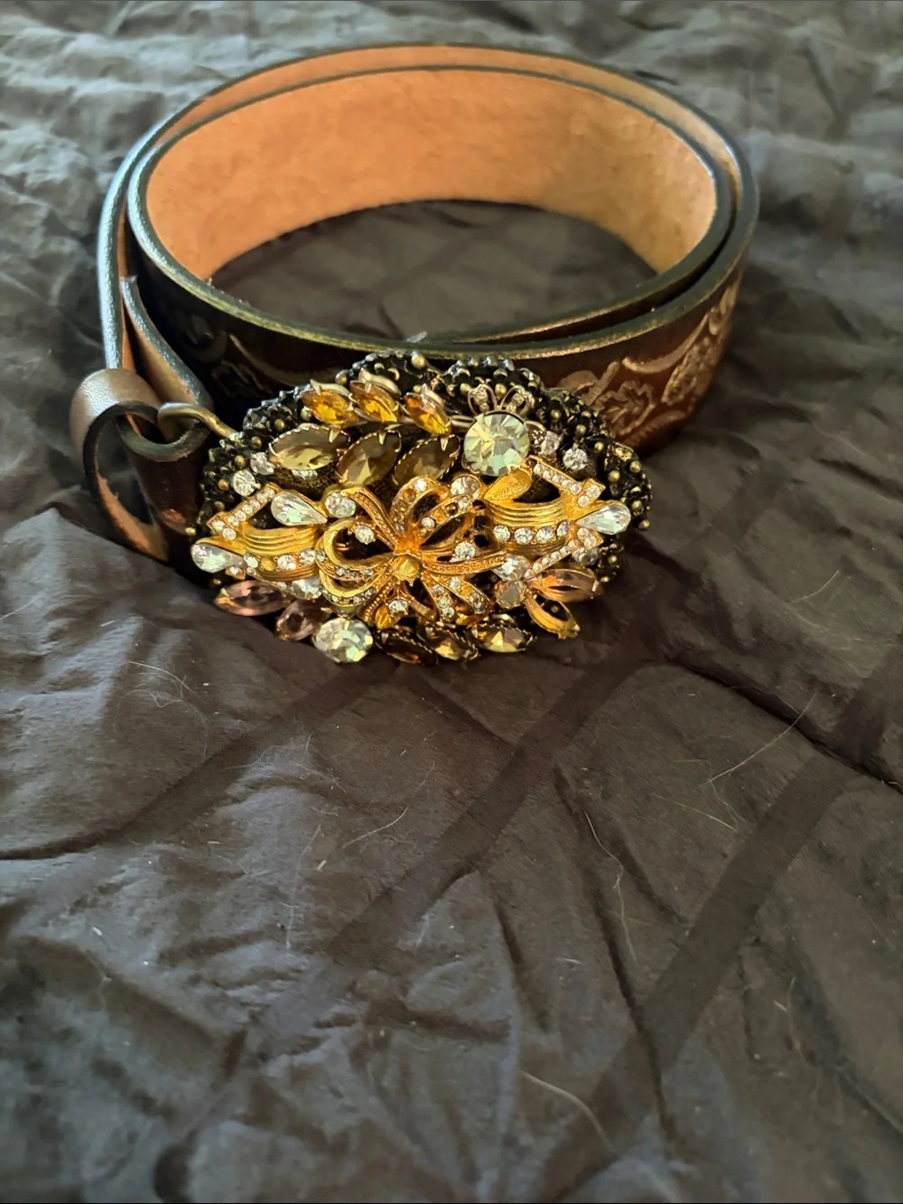 Embellished Brown Leather Belt with Ornate Crystal Buckle